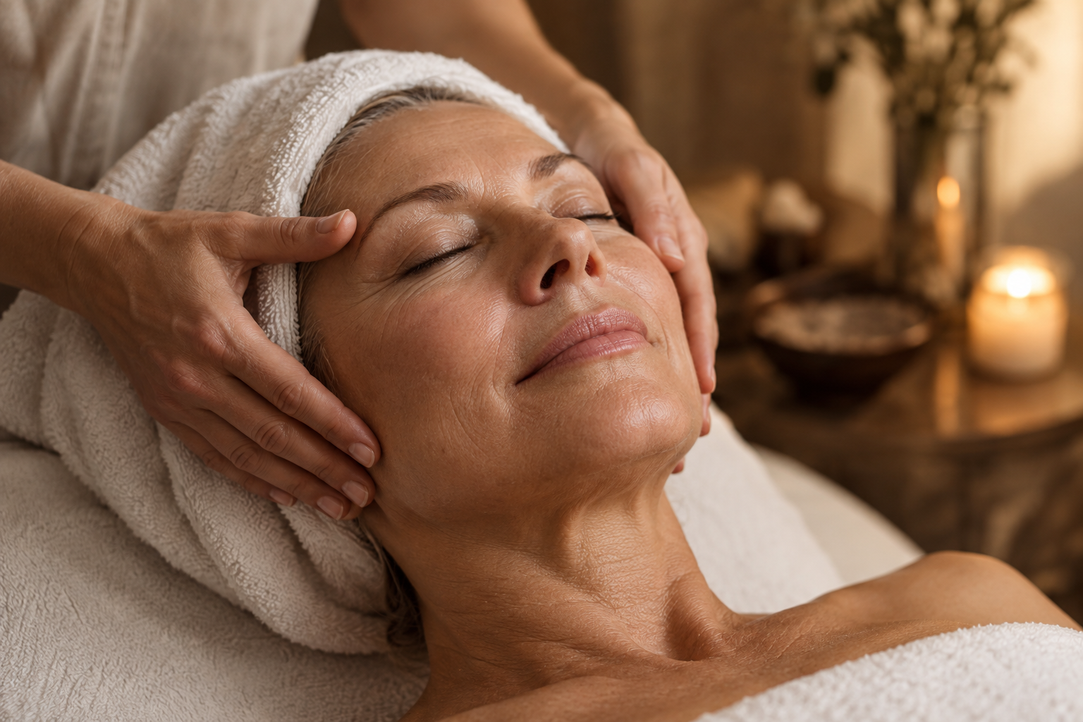 Eine Frau genießt mit geschlossenen Augen eine sanfte Gesichtsmassage